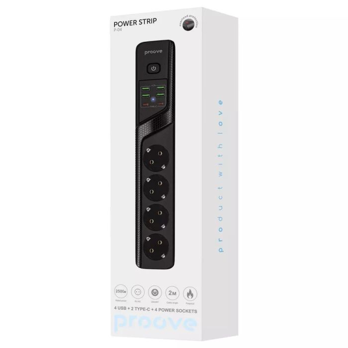 Мережевий фільтр Proove Power Strip P-04 (4 розетки + 4 USB + 2 Type-C) 2М